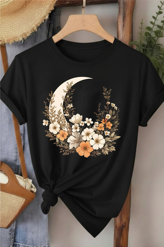 Ay & Çiçek - Siyah Baskılı Pamuk T-shirt