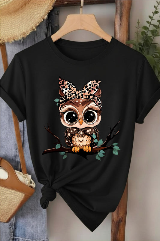 Leopar Kurdeleli Baykuş - Siyah Baskılı Pamuk T-shirt