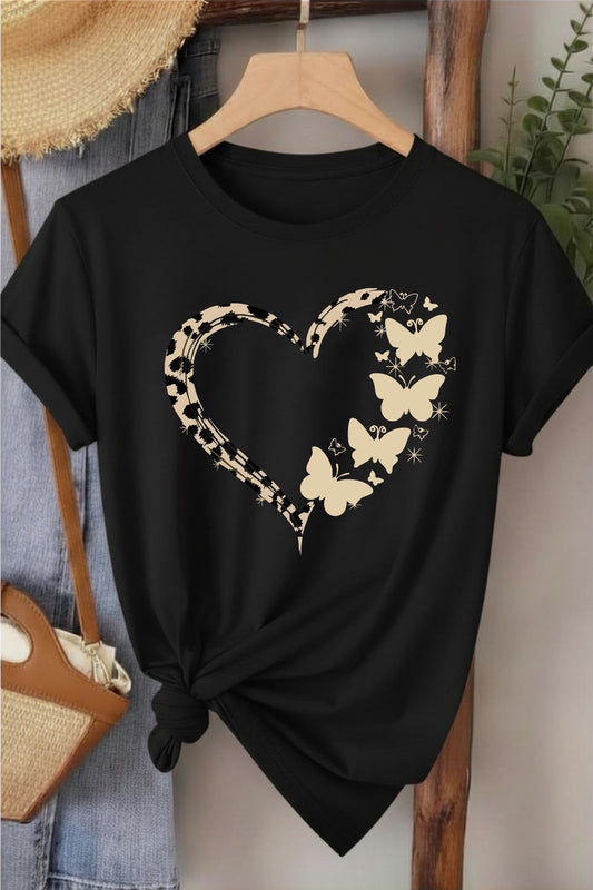 Leopar Kalp & Kelebek - Siyah Baskılı Pamuk T-shirt