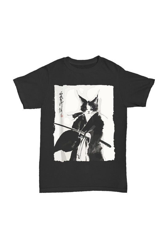 Samuray kedi - Siyah Baskılı Pamuk T-shirt