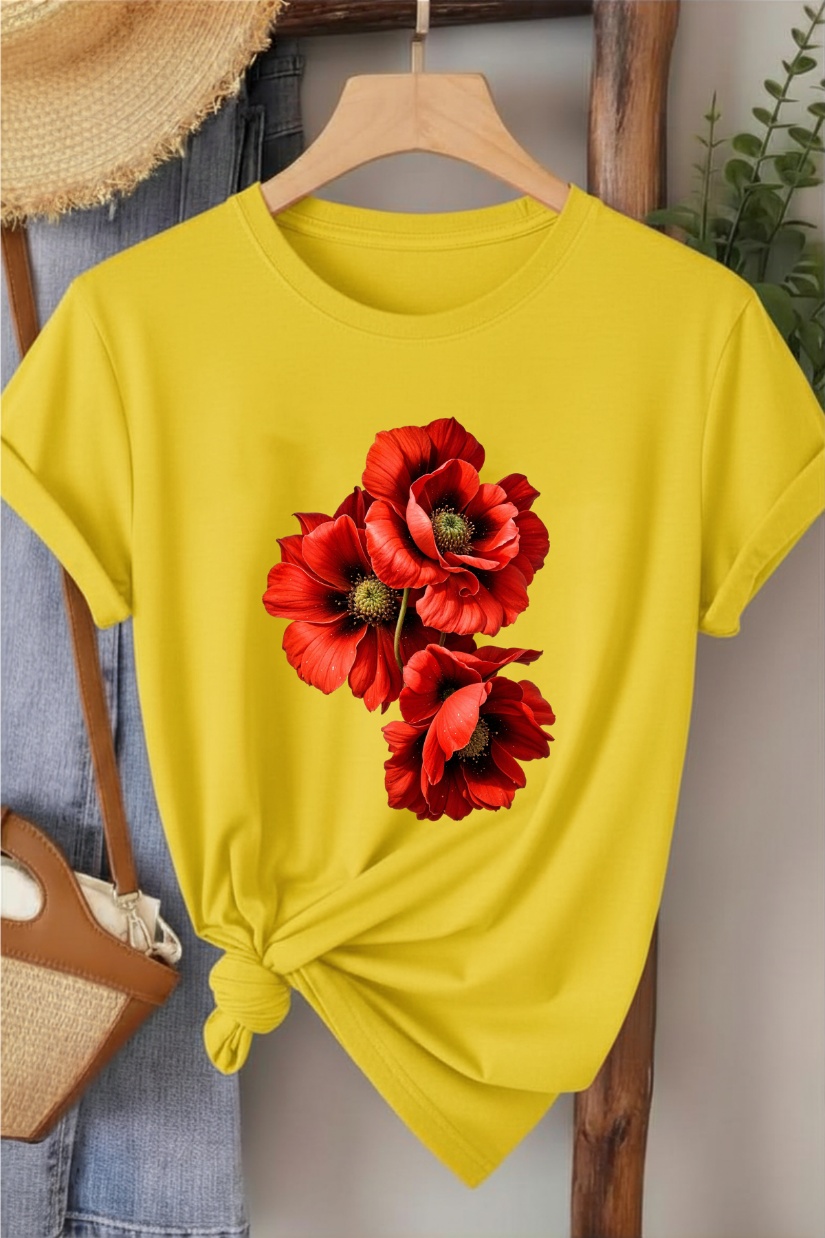 Üçlü Gelincik - Sarı Baskılı Pamuk T-shirt