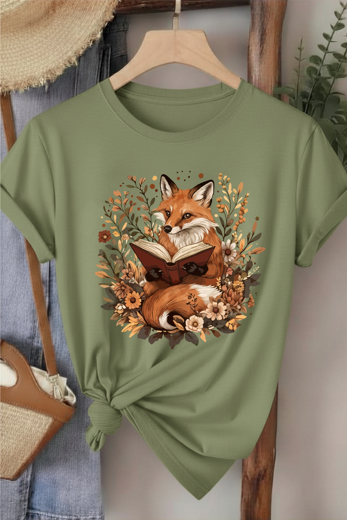 Tilki & Kitap - Haki Yeşili Baskılı Pamuk T-shirt
