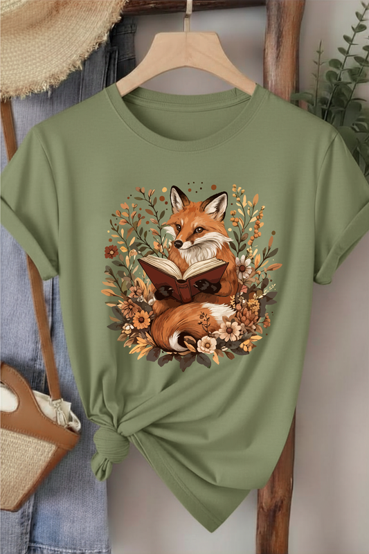 Tilki & Kitap - Haki Yeşili Baskılı Pamuk T-shirt