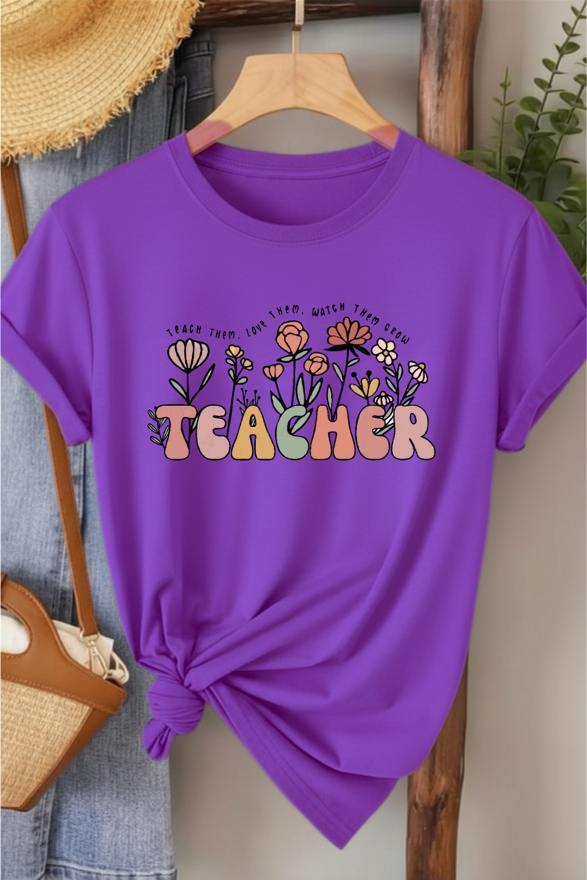 Teacher  - Mor Baskılı Pamuk T-shirt