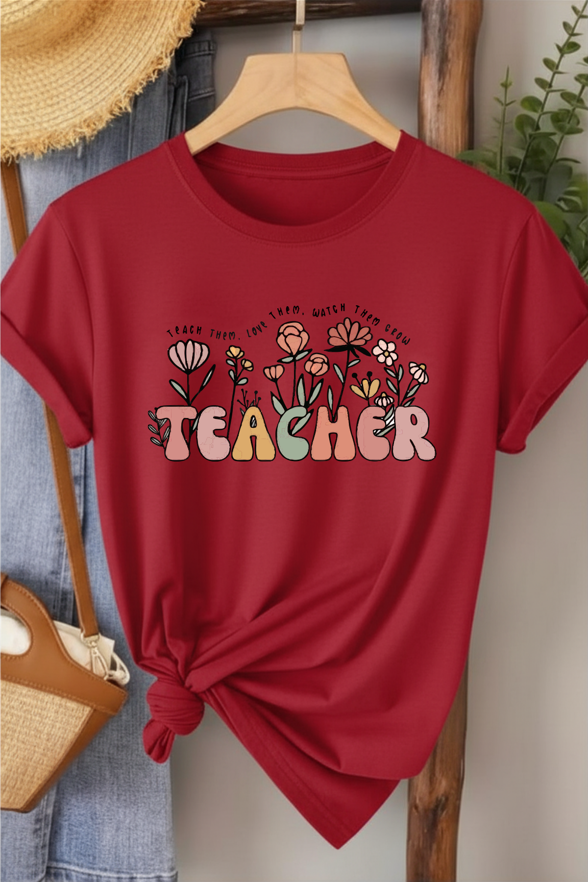 Teacher  - Kırmızı Baskılı Pamuk T-shirt