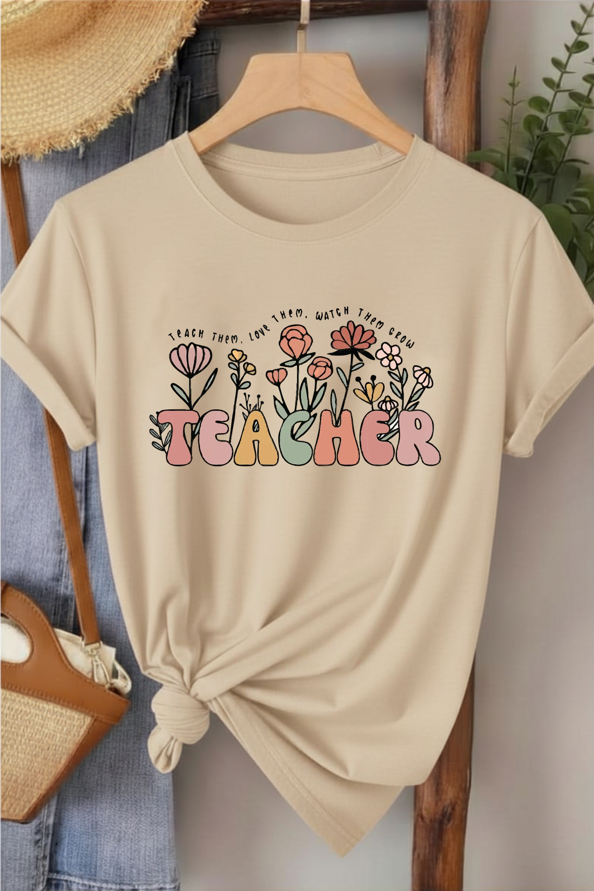 Teacher  - Bej Baskılı Pamuk T-shirt