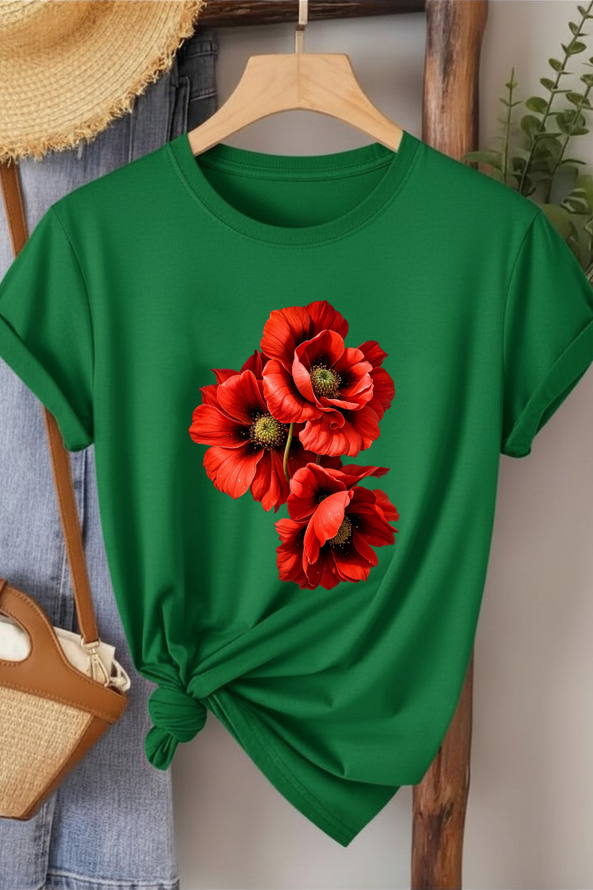 Üçlü Gelincik - Yeşil Baskılı Pamuk T-shirt