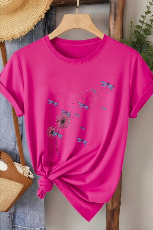 Yusufçuk - Fuşya Mavisi Baskılı Pamuk T-shirt