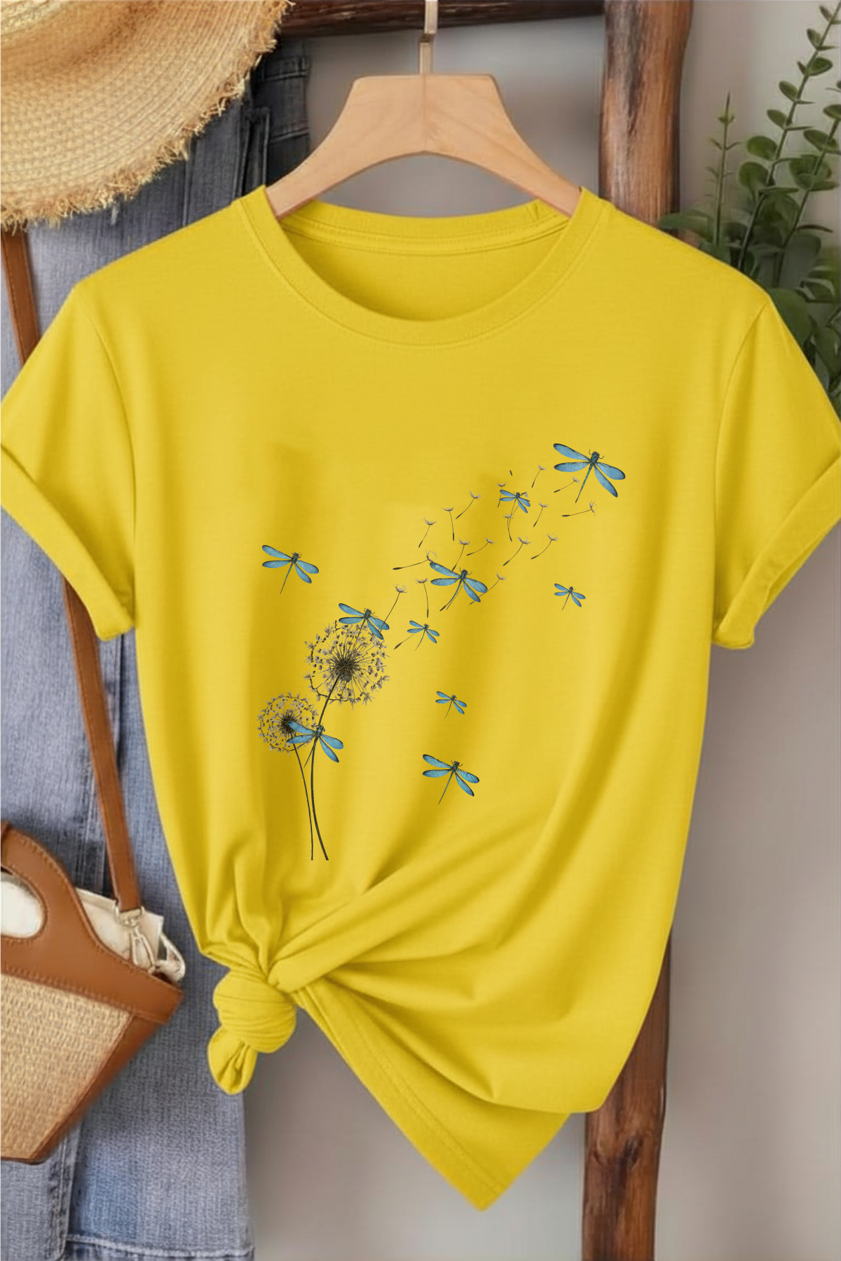 Yusufçuk - Sarı Mavisi Baskılı Pamuk T-shirt
