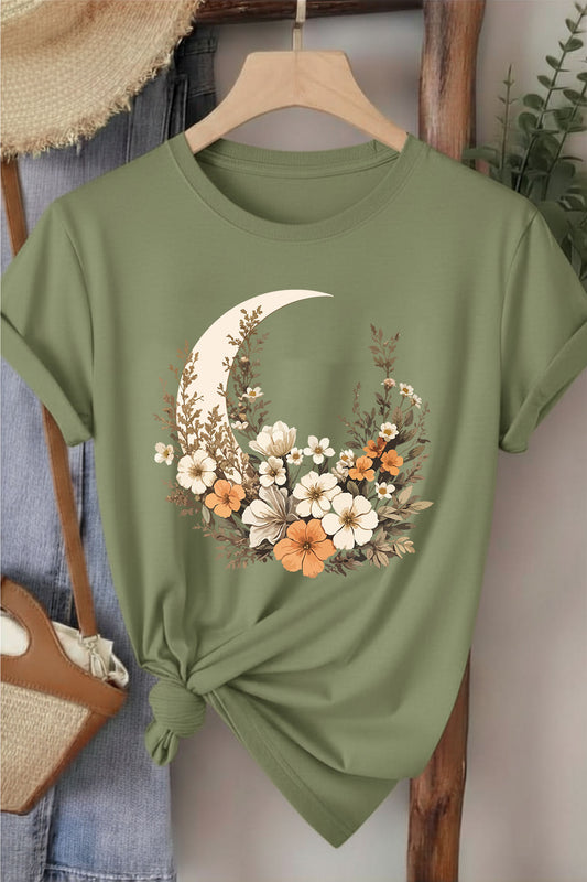 Ay & Çiçek - Haki Baskılı Pamuk T-shirt
